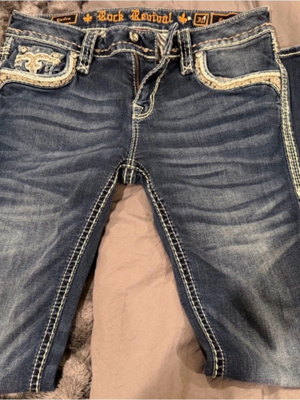 Rock Revival Women's Blue Washed Skinny Jeans with Embroidered Pockets sz 30